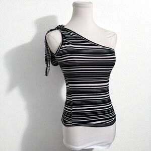 Y2K Striped One Shoulder Tank Top | Black White Tie Strap Asymmetrical Retro S
